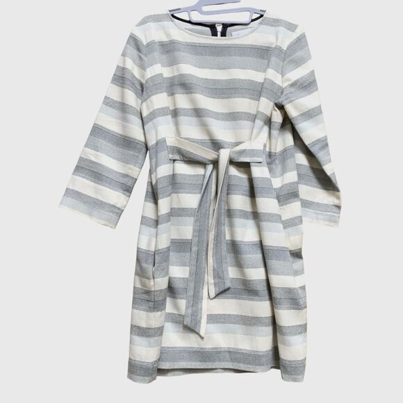 MORGAN CARPER Gray & White Stripe Woven Jacquard Shift Dress w/Pockets Sz SML - Picture 1 of 13